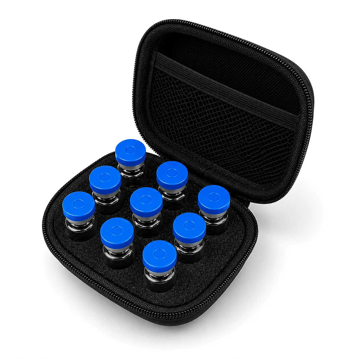 Black 9-vial peptide storage case with foam insert and blue cap research vials
